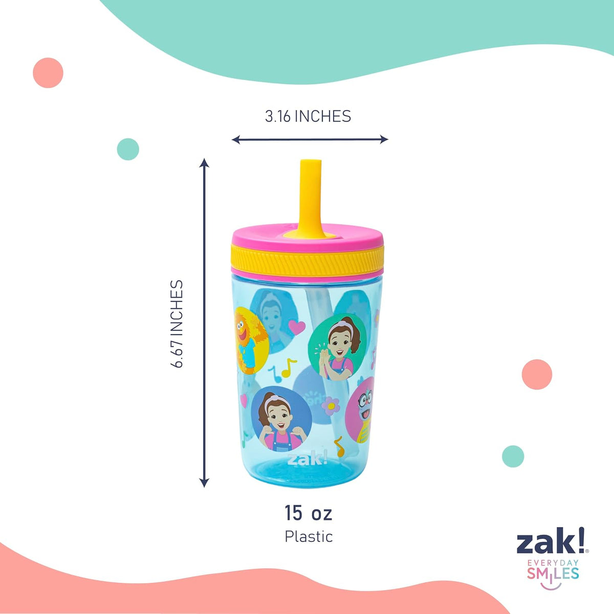 Zak Designs Ms. Rachel Kelso 15oz Leak-Proof Toddler Straw Cups, 2-Pack