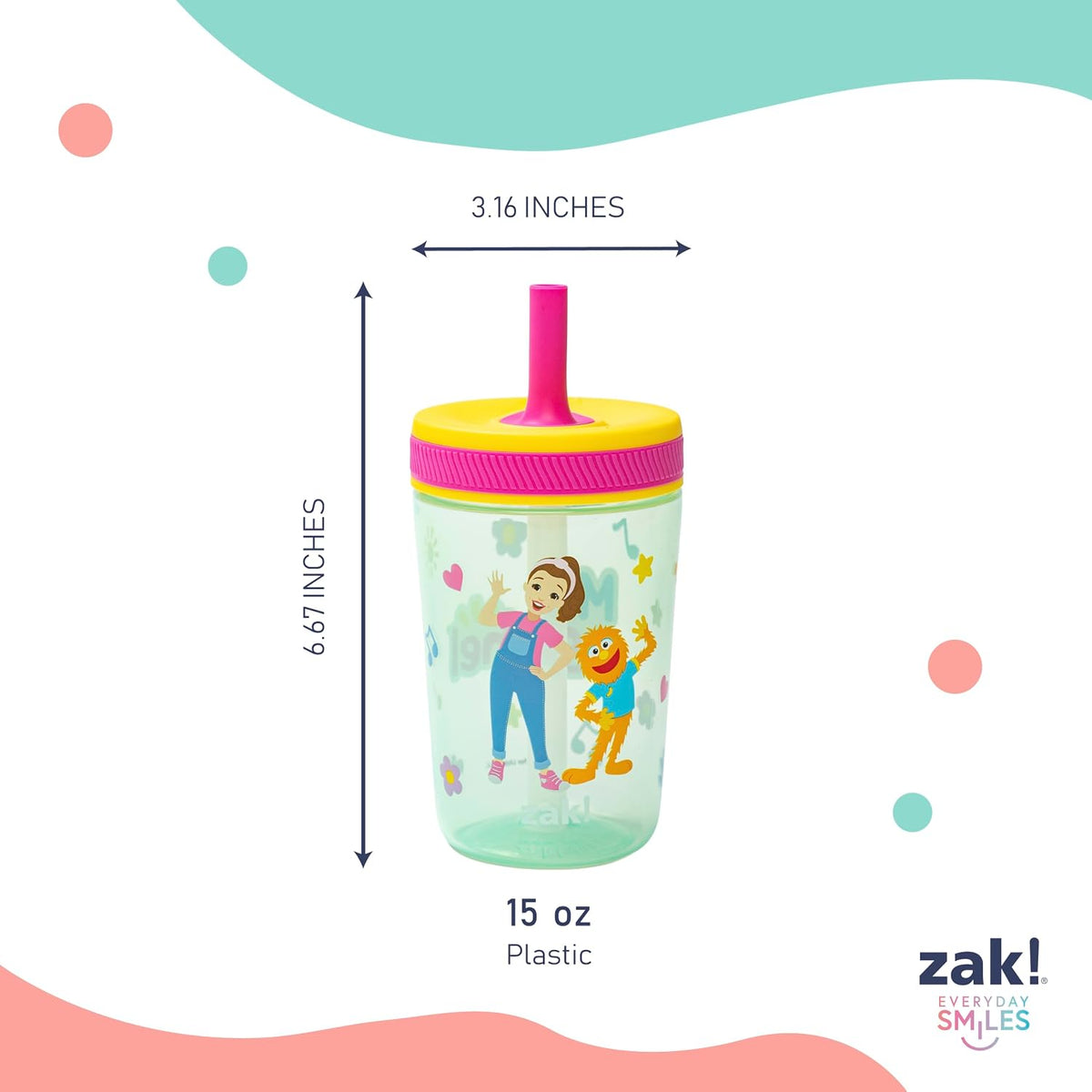 Zak Designs Ms. Rachel Kelso 15oz Leak-Proof Toddler Straw Cups, 2-Pack