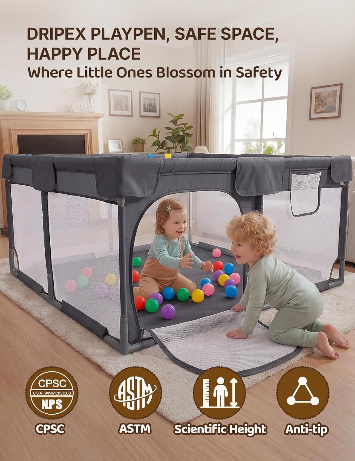 Dripex Small Baby Playpen, 47"x47" Play Pen for Babies, Dark Gray