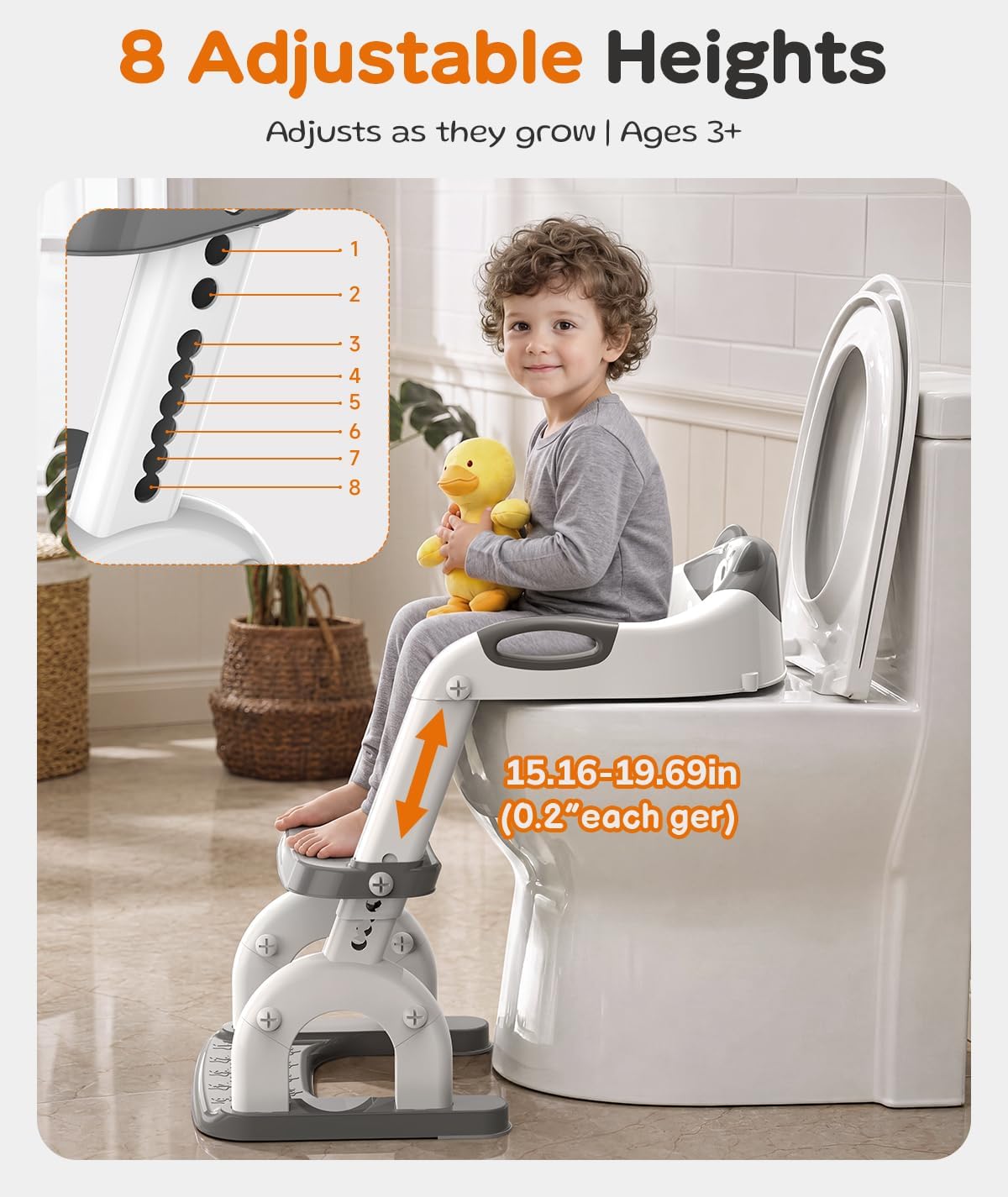 Potty Training Toilet with Step Stool: 2-in-1 8 Heights for Toddler