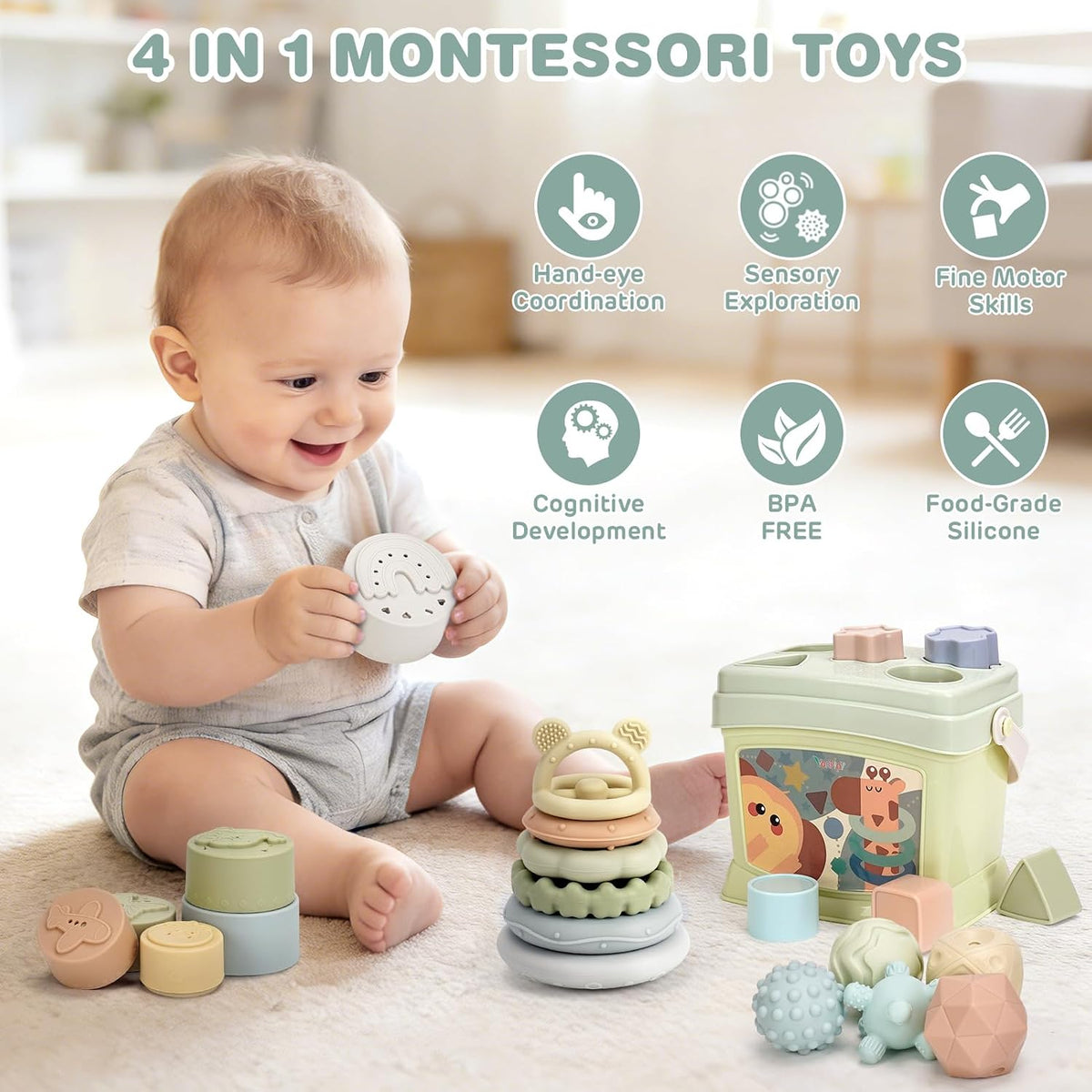 Baby Toys 6-12 Months,Montessori Toys for Babies,Stacking Cups,Shape Sorter
