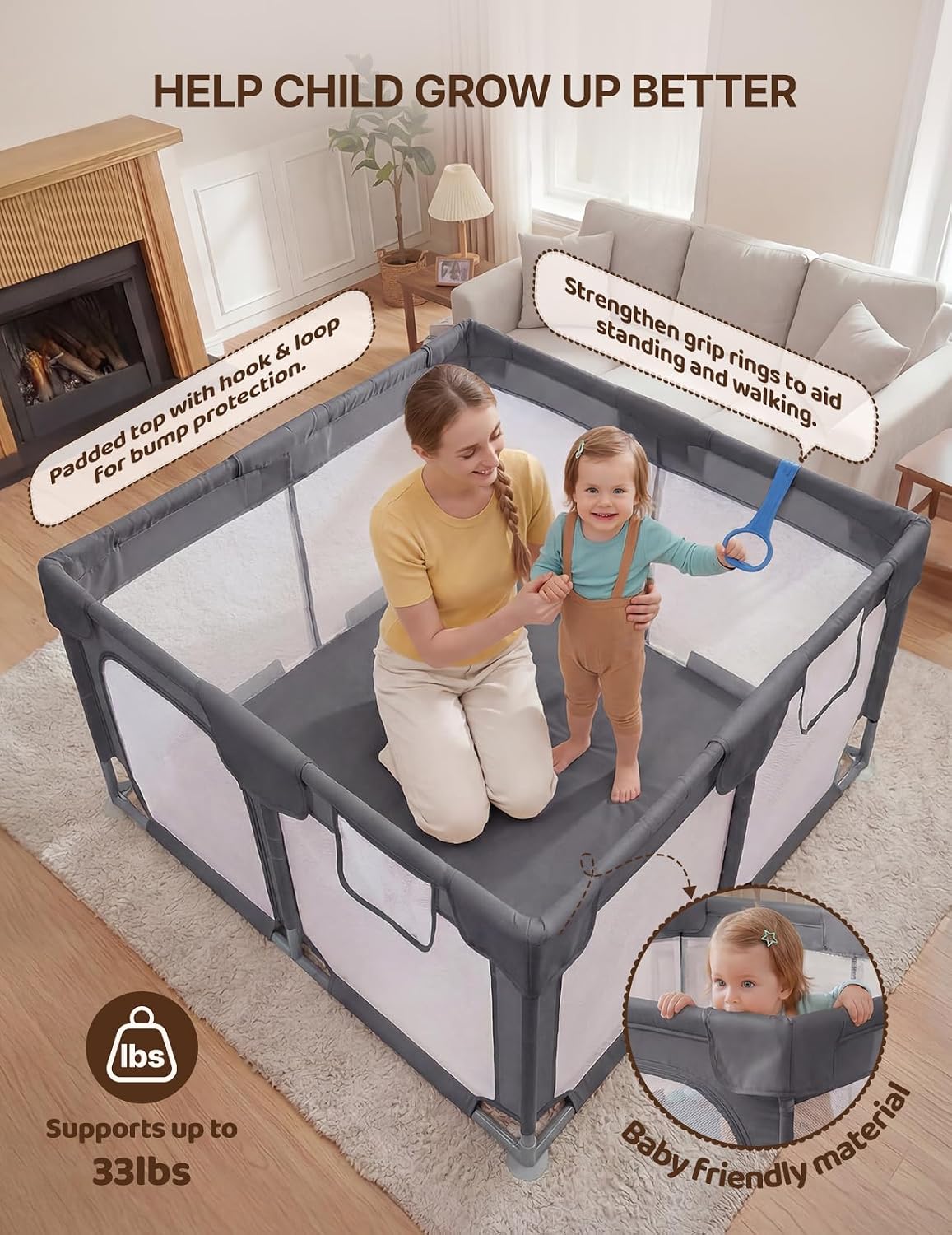 Dripex Small Baby Playpen, 47"x47" Play Pen for Babies, Dark Gray