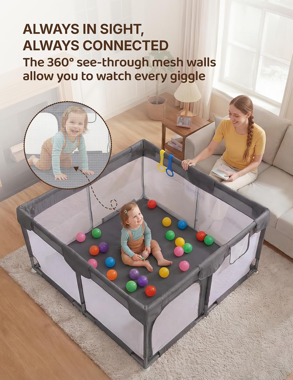 Dripex Small Baby Playpen, 47"x47" Play Pen for Babies, Dark Gray