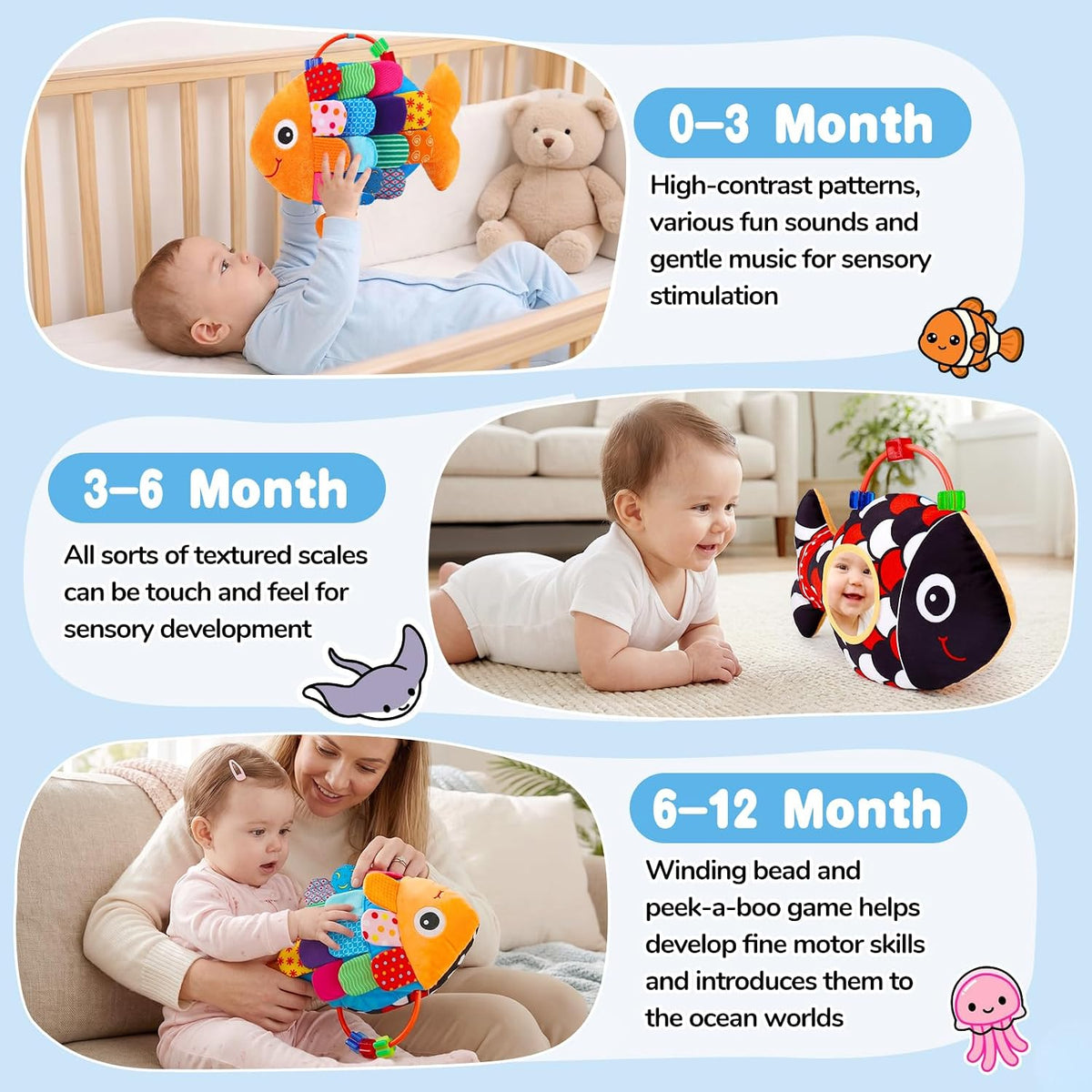 Baby Sensory Toys 0-6 Months Musical Tummy Time Stuffed Plush Flip Fish Toy