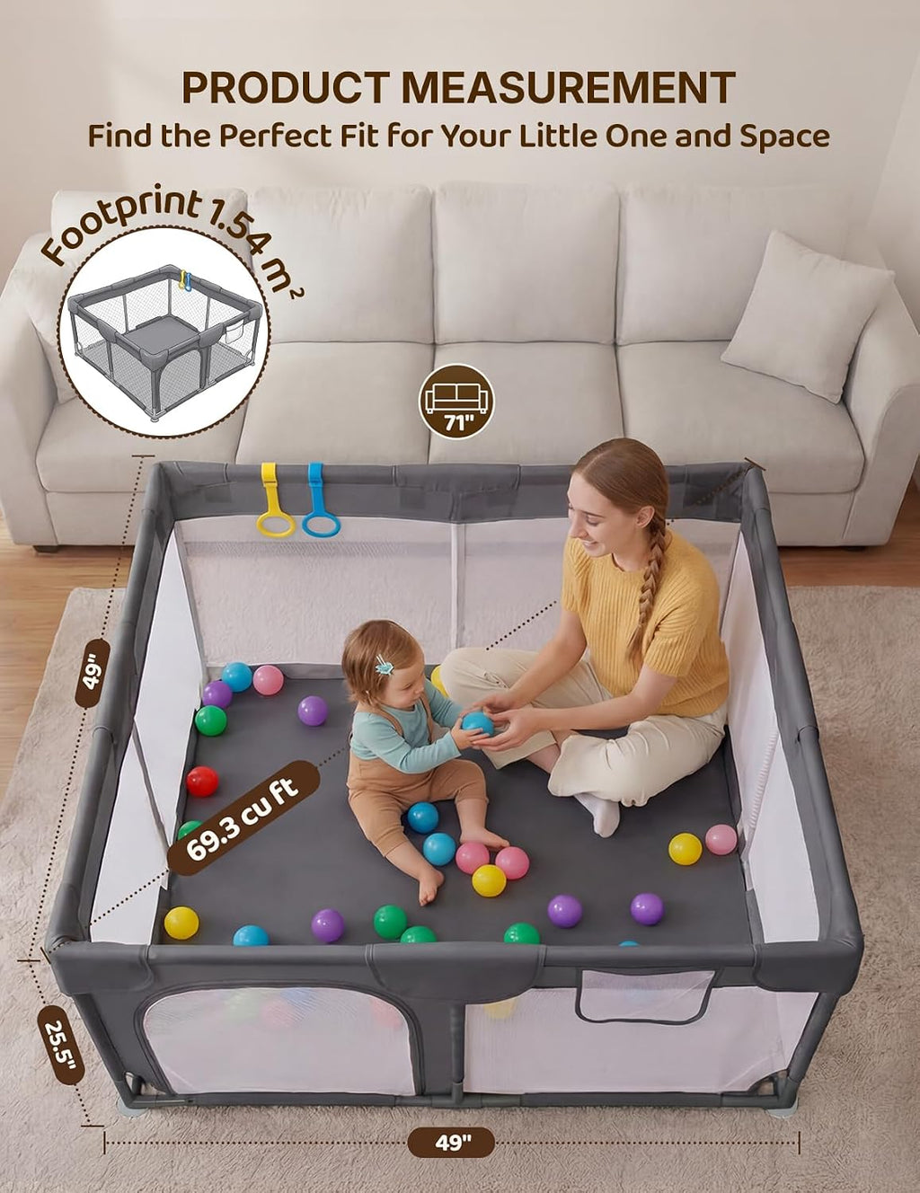 Dripex Small Baby Playpen, 47"x47" Play Pen for Babies, Dark Gray
