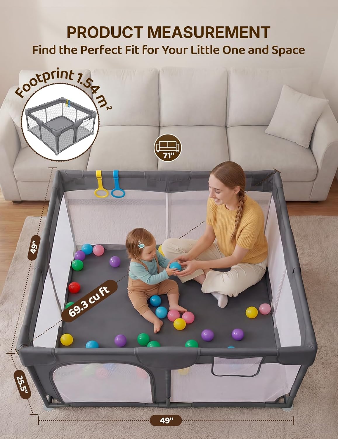 Dripex Small Baby Playpen, 47"x47" Play Pen for Babies, Dark Gray