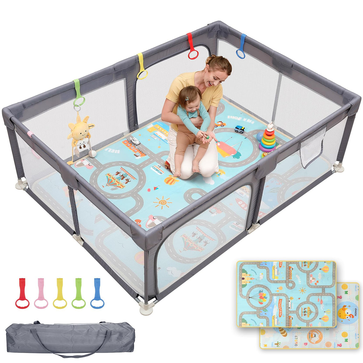 Dripex Small Baby Playpen, 47"x47" Play Pen for Babies, Dark Gray