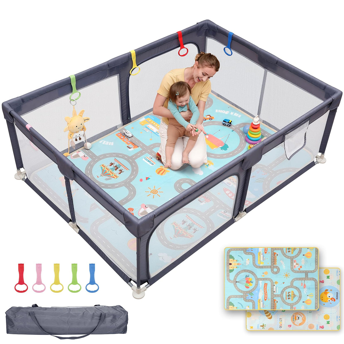Dripex Small Baby Playpen, 47"x47" Play Pen for Babies, Dark Gray