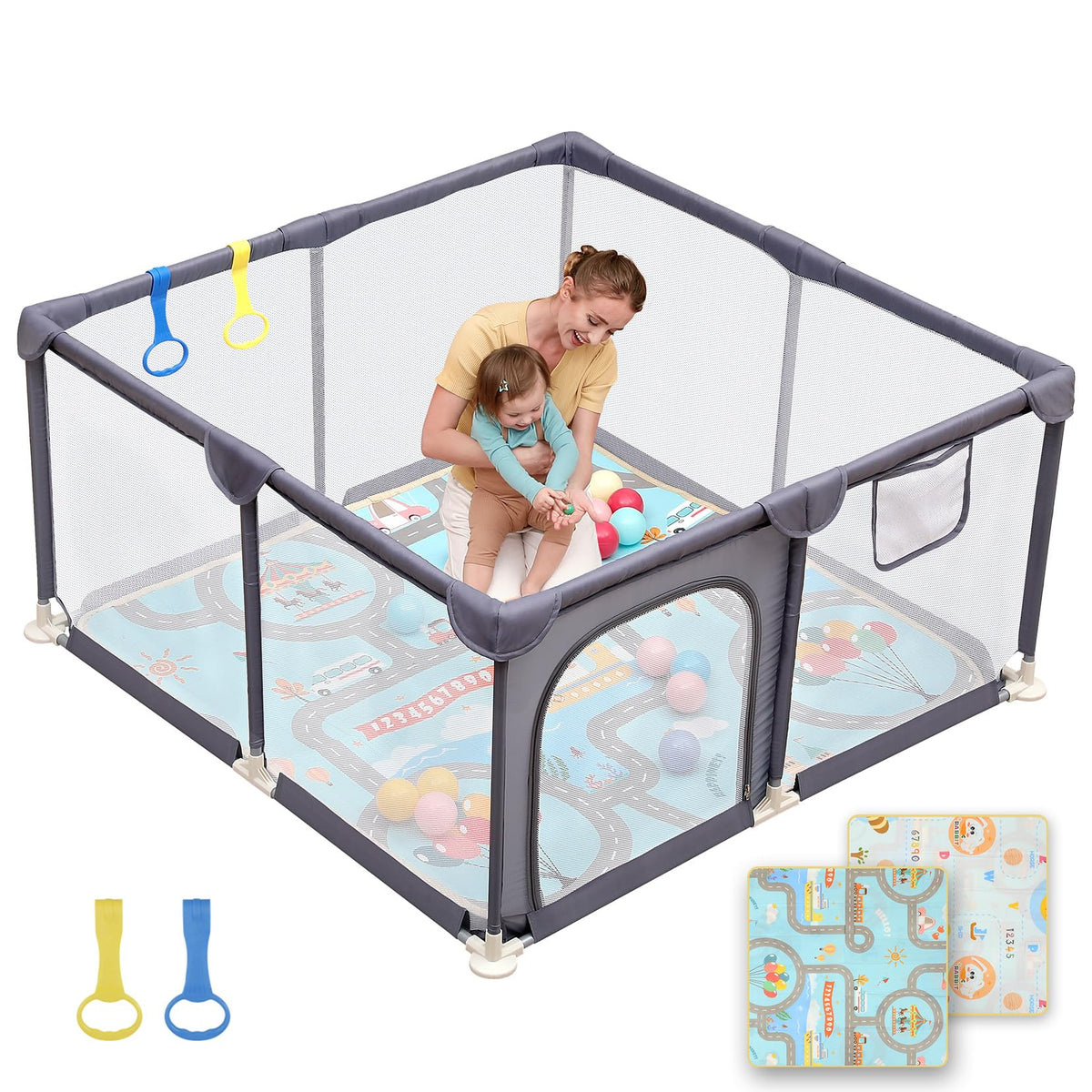 Dripex Small Baby Playpen, 47"x47" Play Pen for Babies, Dark Gray
