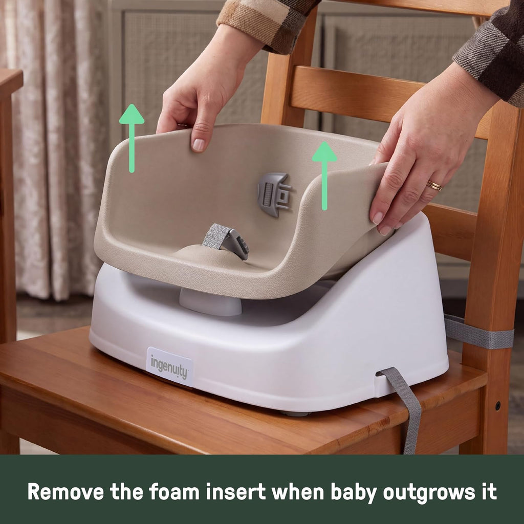 Ingenuity SmartClean Toddler Booster Seat for Dining Table with 3-Point Harness Straps, Oat
