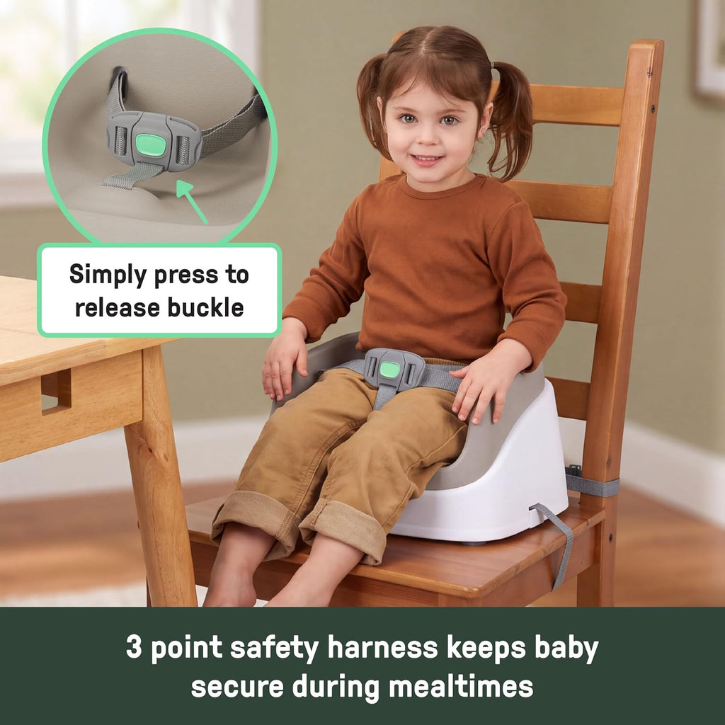 Ingenuity SmartClean Toddler Booster Seat for Dining Table with 3-Point Harness Straps, Oat