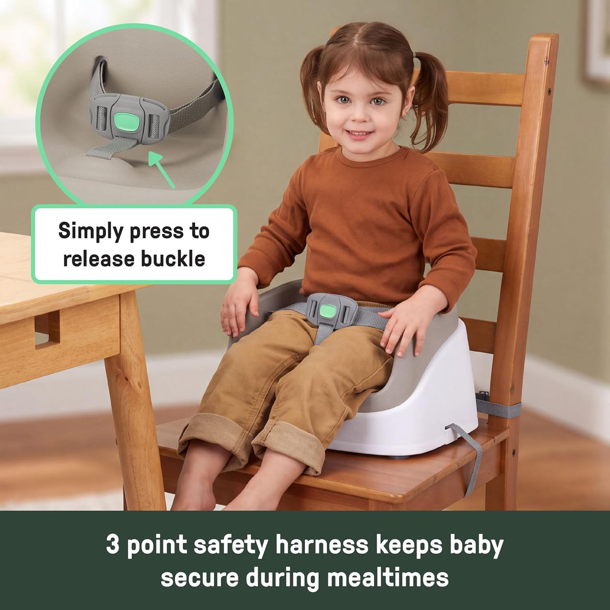 Ingenuity SmartClean Toddler Booster Seat for Dining Table with 3-Point Harness Straps, Oat