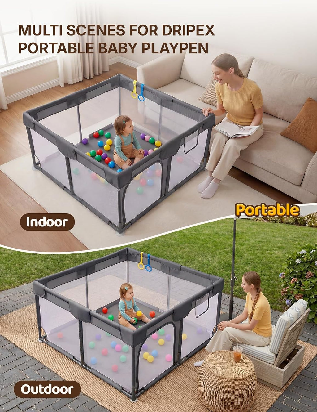 Dripex Small Baby Playpen, 47"x47" Play Pen for Babies, Dark Gray