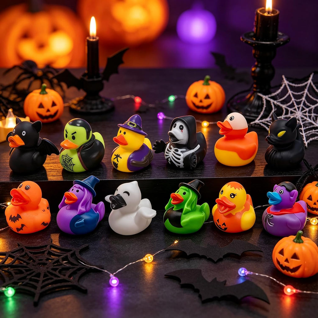 24 Pcs Halloween Party Favors Rubber Ducks,Baby Showers Accessories Bath Toys for Kids Halloween Decorations Trick or Treat Supplies Goodie Bag Fillers (Halloween Card)