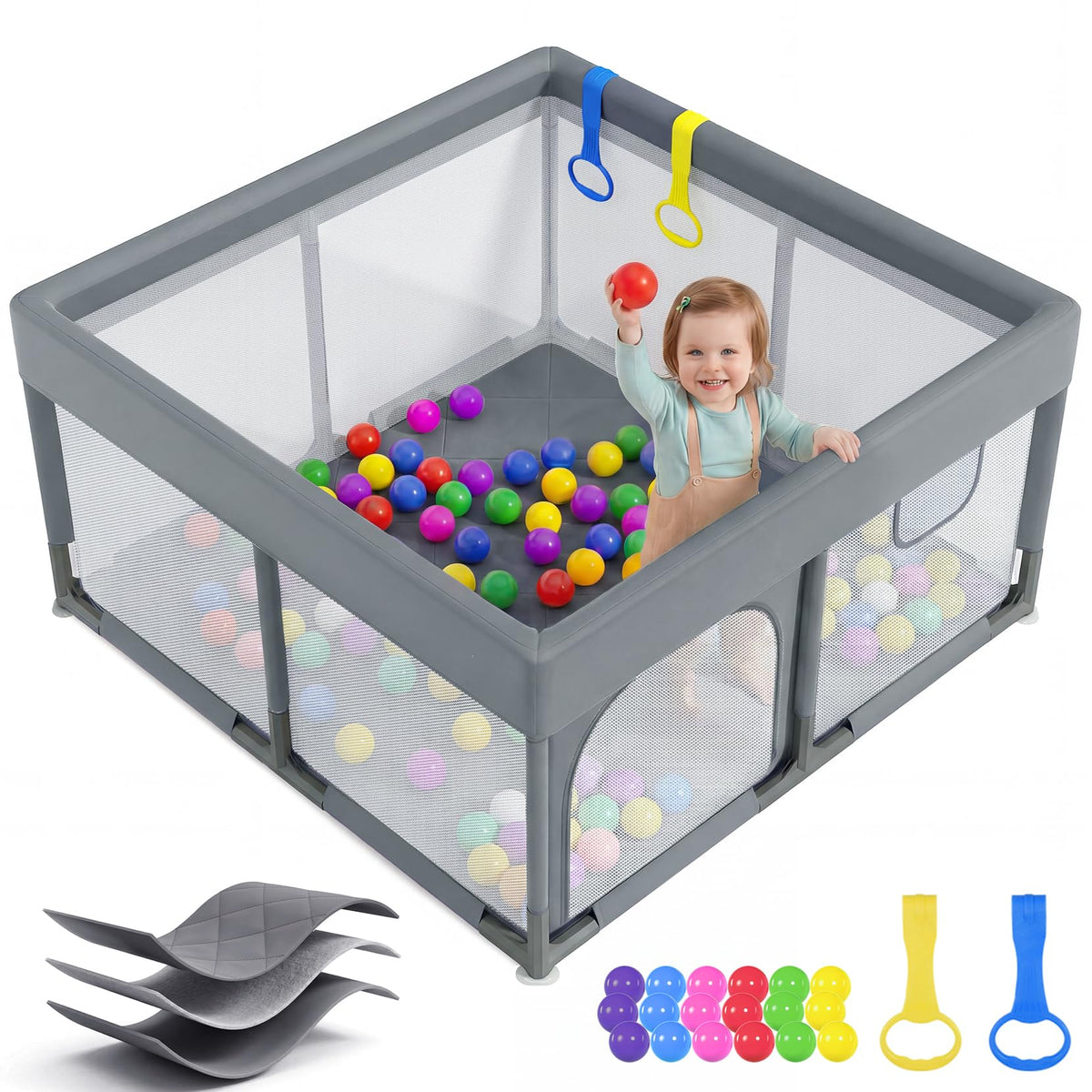 Dripex Small Baby Playpen, 47"x47" Play Pen for Babies, Dark Gray