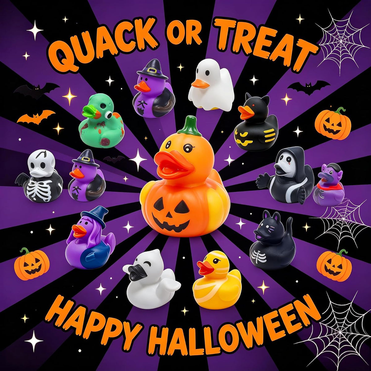 24 Pcs Halloween Party Favors Rubber Ducks,Baby Showers Accessories Bath Toys for Kids Halloween Decorations Trick or Treat Supplies Goodie Bag Fillers (Halloween Card)