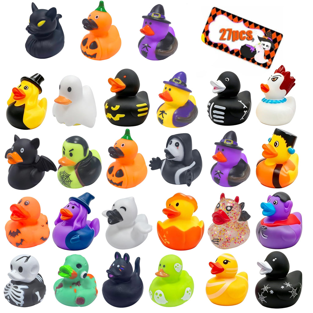24 Pcs Halloween Party Favors Rubber Ducks,Baby Showers Accessories Bath Toys for Kids Halloween Decorations Trick or Treat Supplies Goodie Bag Fillers (Halloween Card)