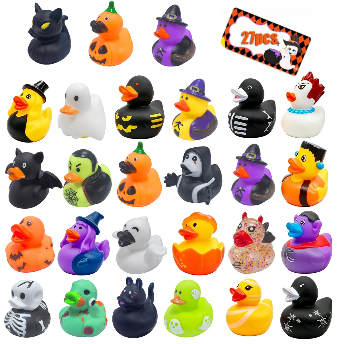 24 Pcs Halloween Party Favors Rubber Ducks,Baby Showers Accessories Bath Toys for Kids Halloween Decorations Trick or Treat Supplies Goodie Bag Fillers (Halloween Card)