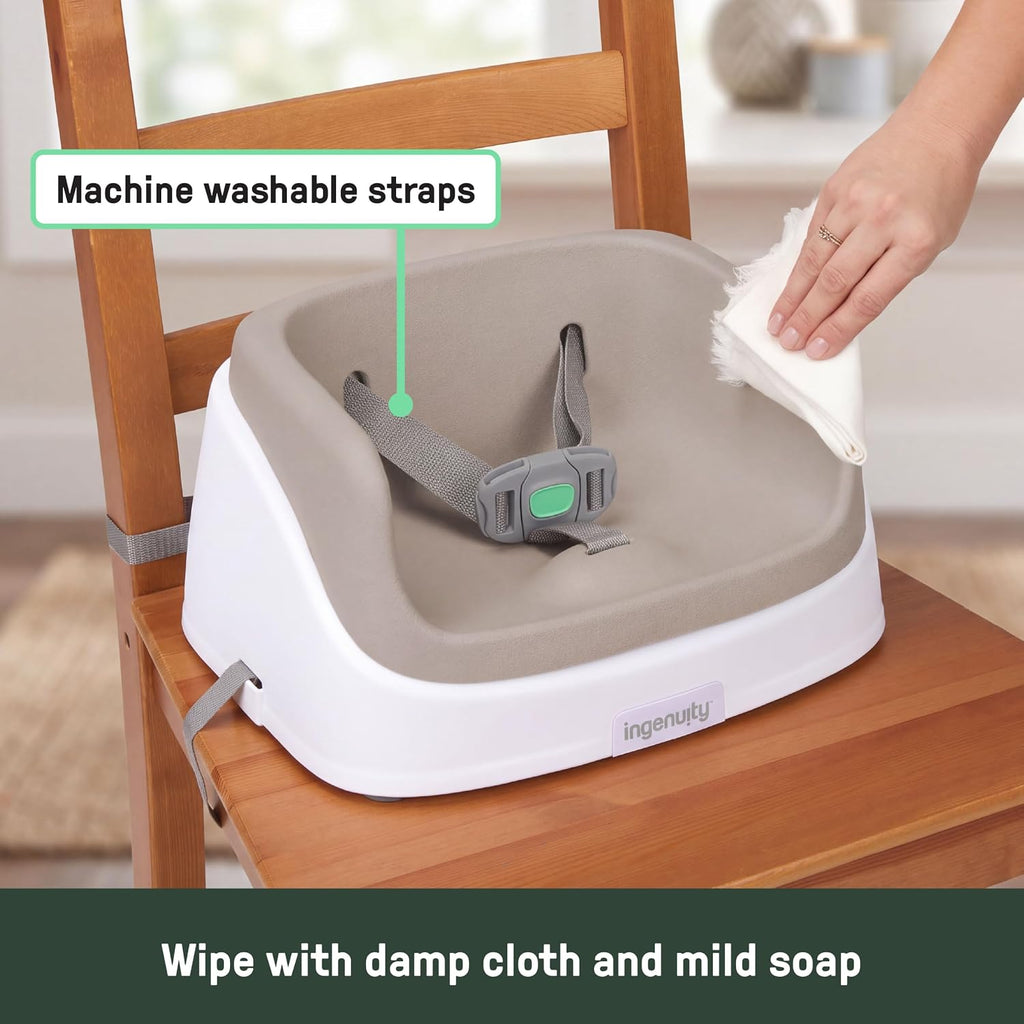 Ingenuity SmartClean Toddler Booster Seat for Dining Table with 3-Point Harness Straps, Oat