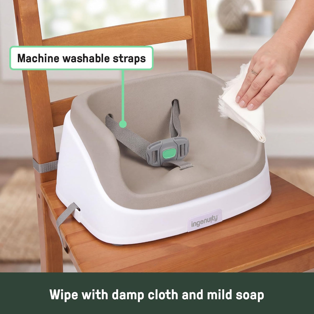Ingenuity SmartClean Toddler Booster Seat for Dining Table with 3-Point Harness Straps, Oat