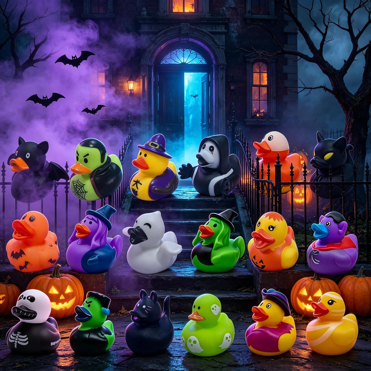 24 Pcs Halloween Party Favors Rubber Ducks,Baby Showers Accessories Bath Toys for Kids Halloween Decorations Trick or Treat Supplies Goodie Bag Fillers (Halloween Card)