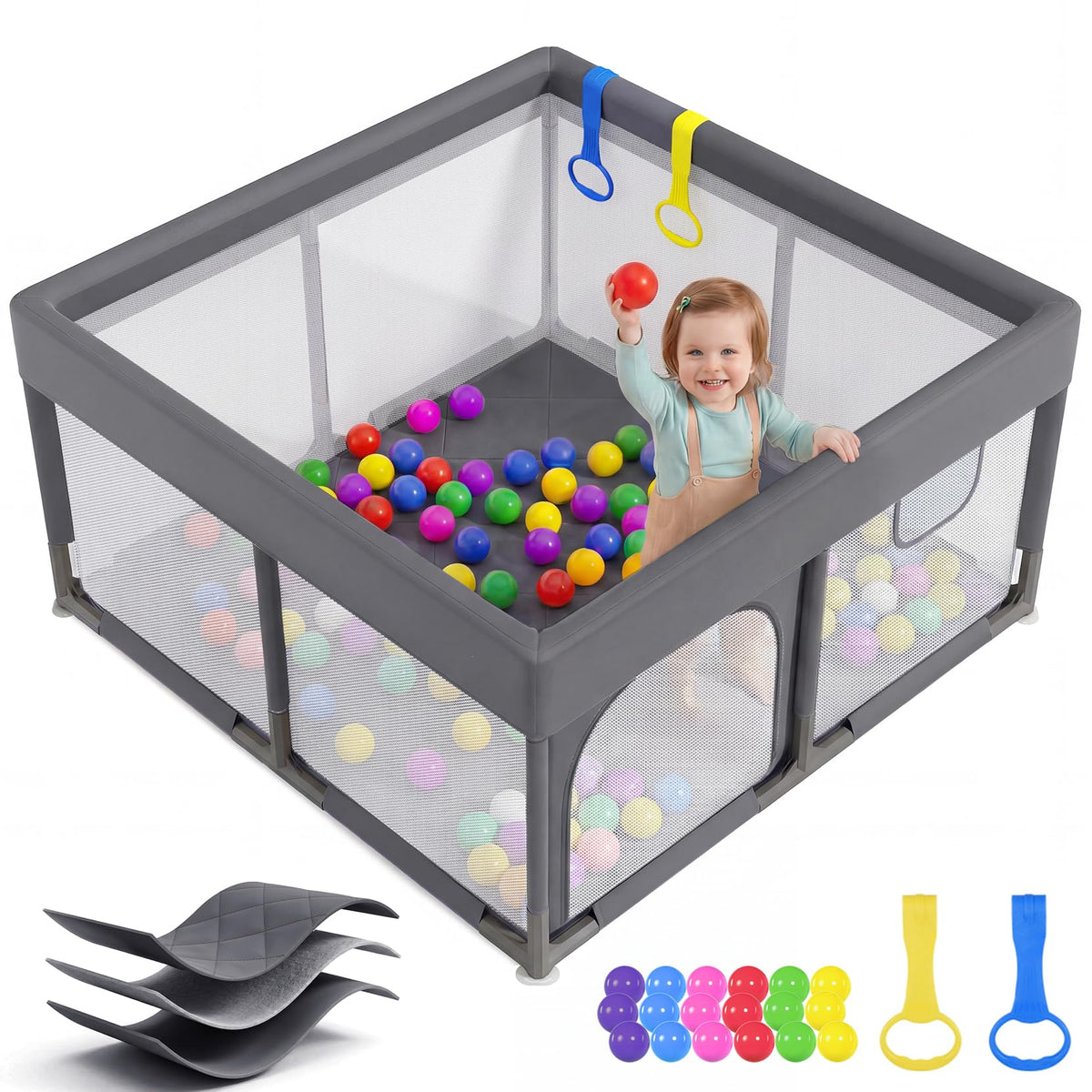 Dripex Small Baby Playpen, 47"x47" Play Pen for Babies, Dark Gray