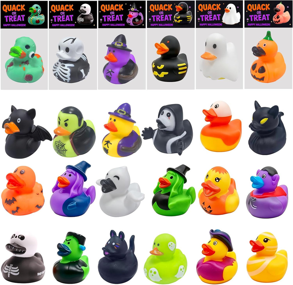 24 Pcs Halloween Party Favors Rubber Ducks,Baby Showers Accessories Bath Toys for Kids Halloween Decorations Trick or Treat Supplies Goodie Bag Fillers (Halloween Card)